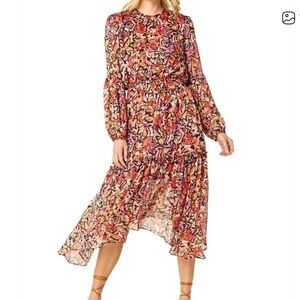 NWT MISA Los Angeles Simone Fire Flora Smocked Waist Chiffon Midi Dress  S